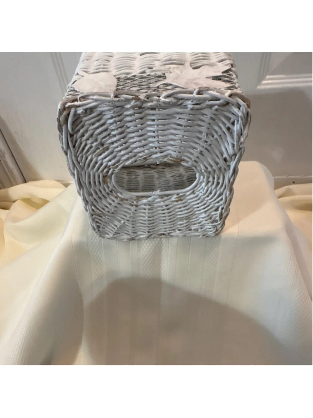 White Wicker Tissue Box Cover Relief Leaf Design Nature Theme Square